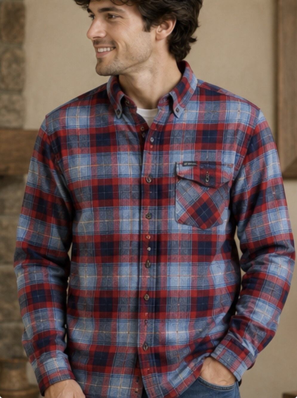 Eddie Bauer Flannel Shirt Red Blue Plaid Button Front Men’s Medium